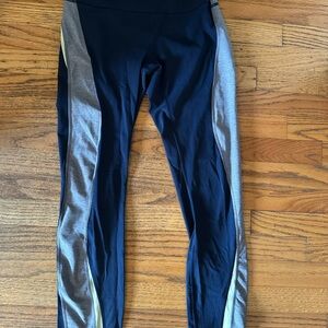 Lululemon Navy Blue Athletic Leggings with Grey and Neon Yellow Side Panels